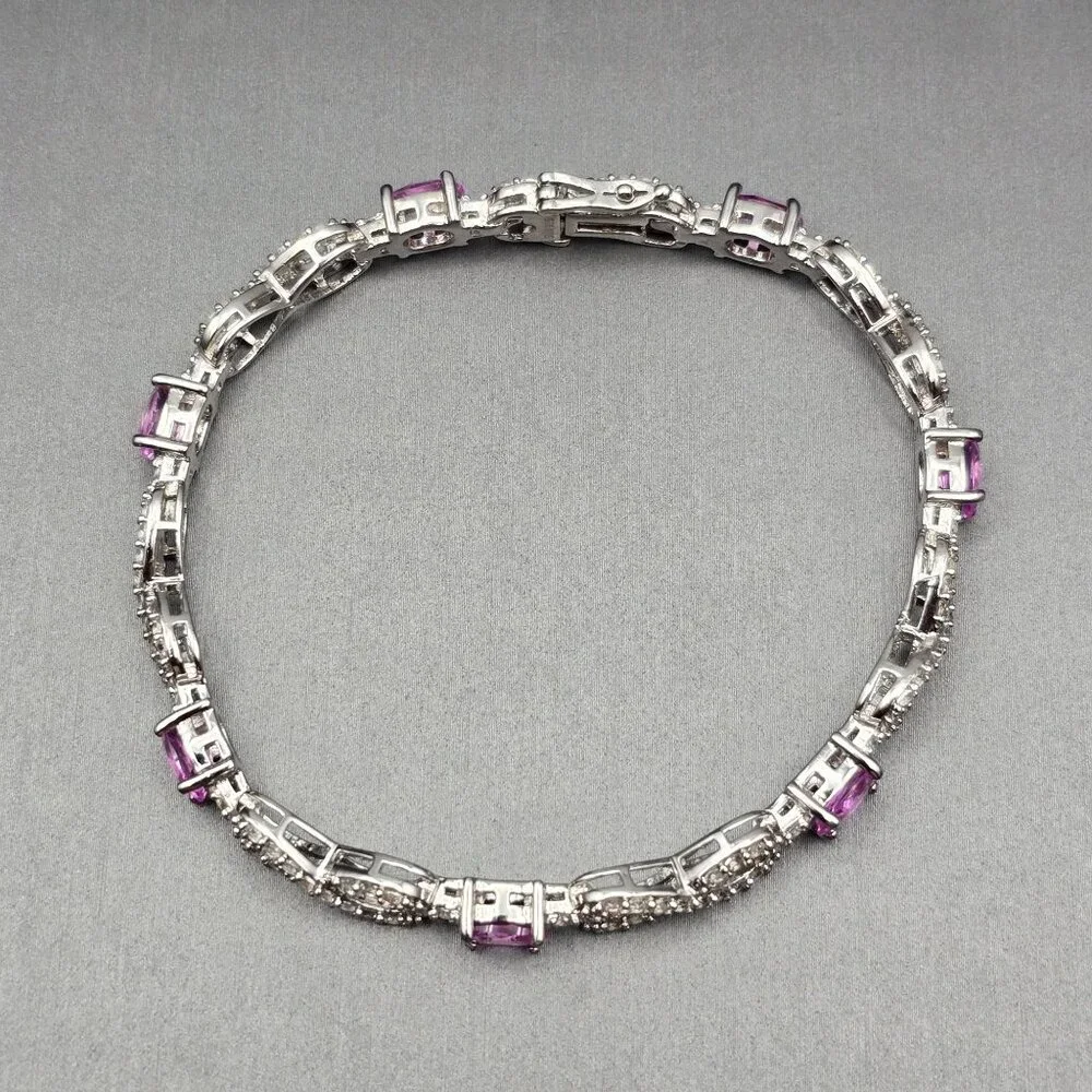 Sterling Silver Pink Sapphire & Quartz Infinity Tennis Bracelet 7.5" Signed SUN - Picture 2 of 14